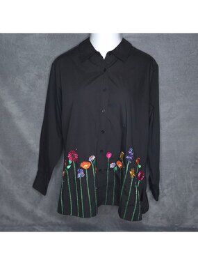 Floral Embroidered Black Button-Up Shirt 1X The Quacker Factory Long Sleeve